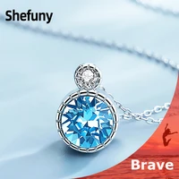 925 sterling silver heart of the ocean pendant chain blue cubic zircon round circle necklace for women fine jewelry wedding gift