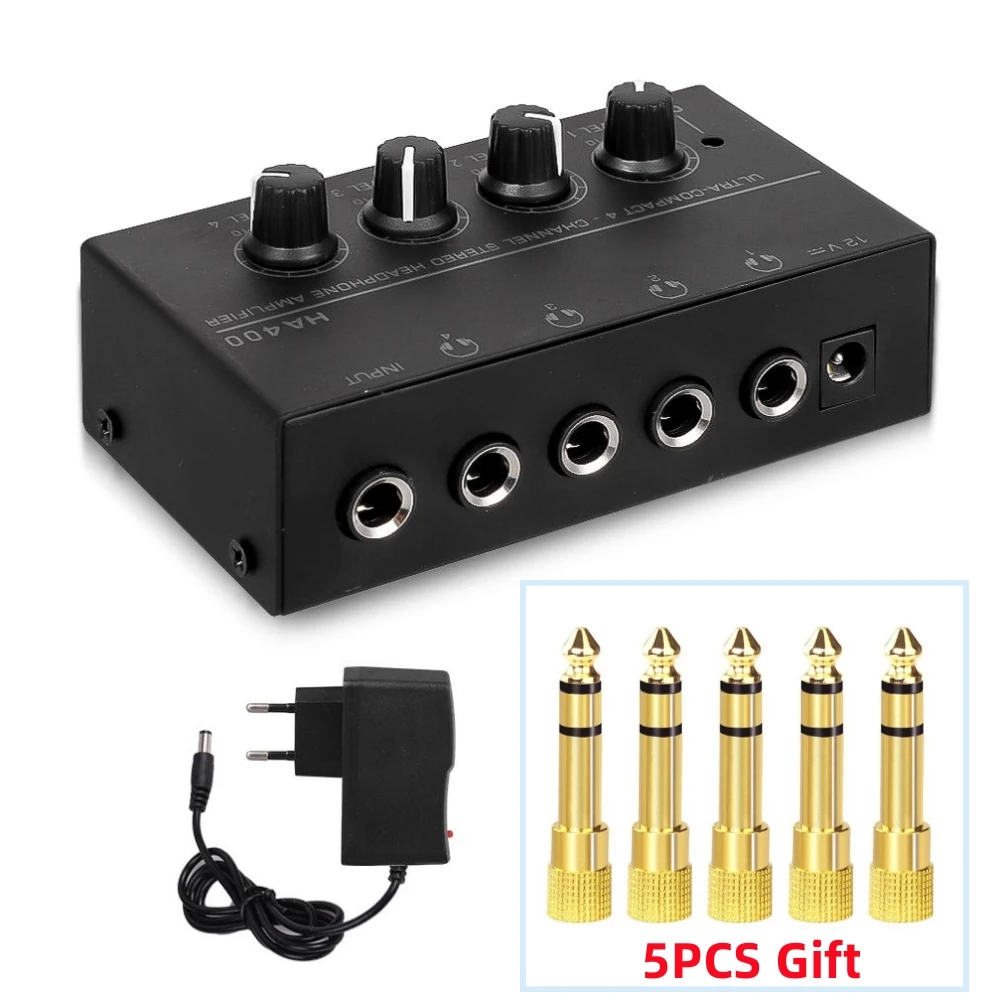 

Mini Stereo Headphone Amplifier 4 Channels HA400 Ultra-Compact Audio Amplifier Power Adapter EU Plug 6.5MM to 3.5MM Converter