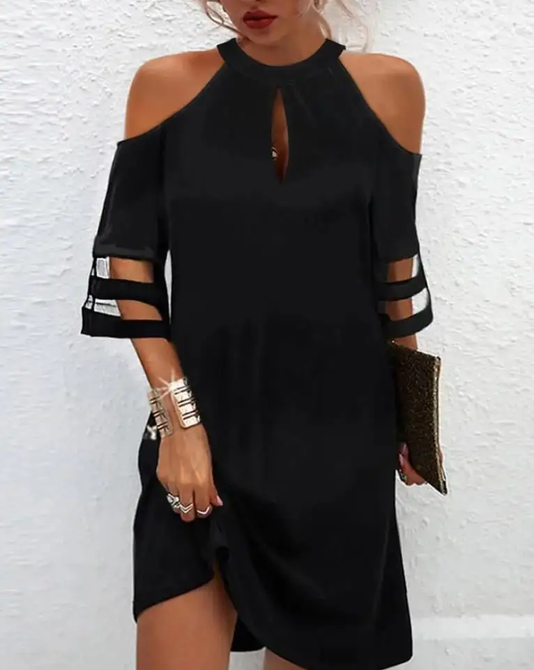 Dresses for Women 2022 Summer Fashion Contrast Mesh Cold Shoulder Casual Keyhole Neck Half Sleeve Mini Plain Vacation Dress
