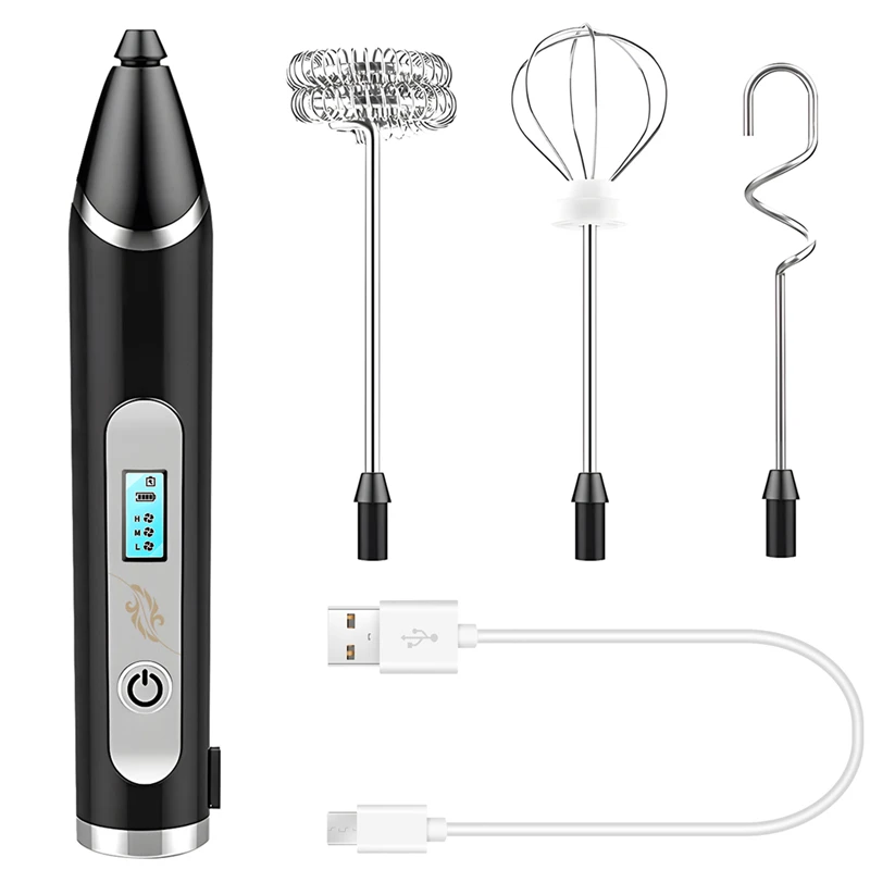 

Milk Frother, USB Rechargeable LCD Hand Mixer With 3 Stainless Steel Whisk, 3 Speeds Handheld Frother Whisk, Electric