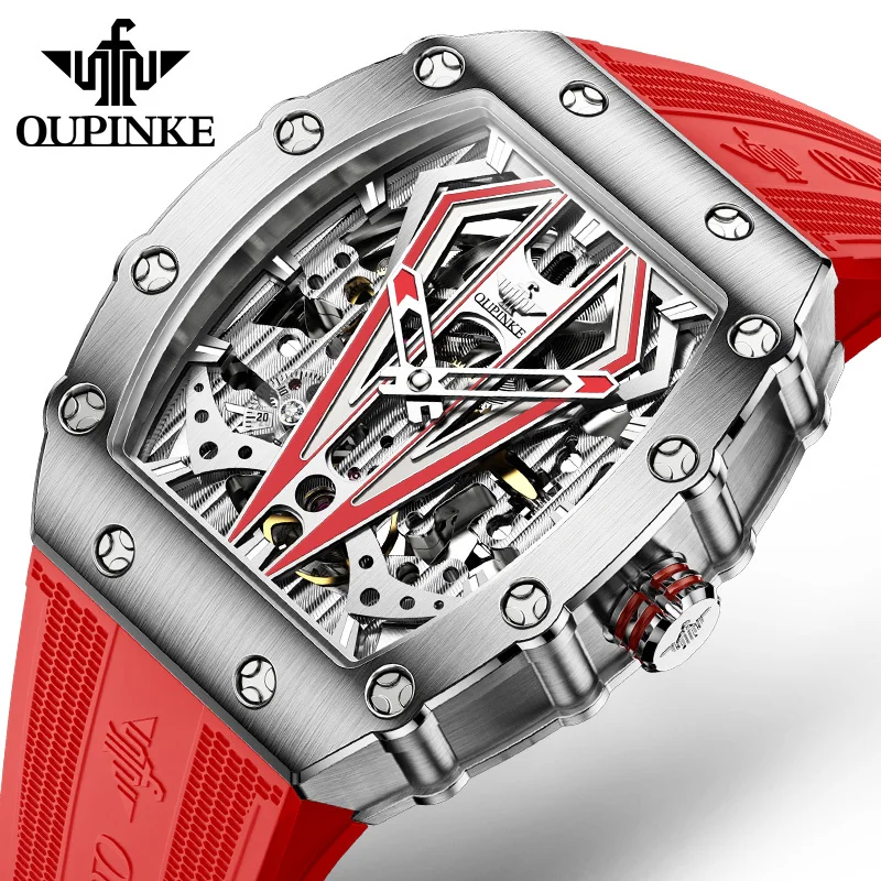

OUPINKE Top Brand Skeleton Automatic Mechanical Men Watch Luxury Tonneau Case Mens Fashion Sport Watches Waterproof Relogios