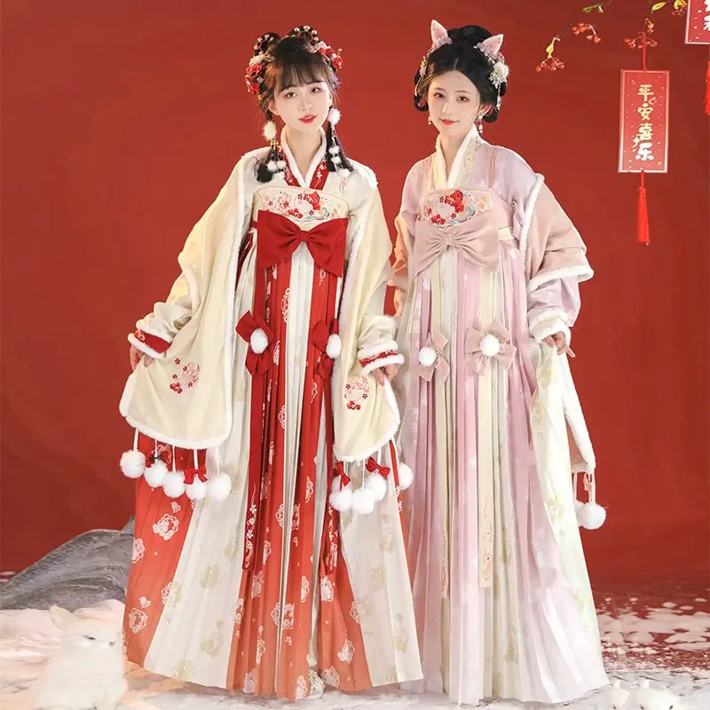 2 Colors Song Dynasty Chinese Style Women Winter Hanfu Dress Set Rabbit Theme Sweet Pleated Skirt Elegant Fluff Edge Coat
