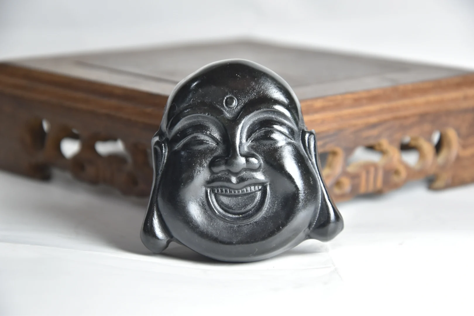 

China Hongshan Culture Magnetic Black Iron Meteorite Sculpture Lucky“ Maitreya Buddha”Necklace/Waist Tag Home Decoration#2