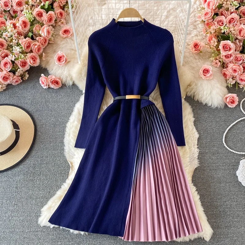 

Autumn Winter Elegant Knitted Patchwork Gradient Pink Pleated Dresses Women Long Sleeve Sweater Dress Vestidos Mujer Robes Femme