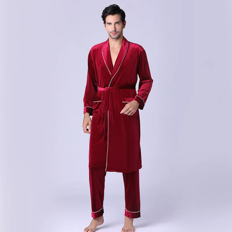Velvet Man's Pajamas Sets Robes and Pants Wine/Navy 2 Pieces Sleepwear Home Wear Size L XL XXL
