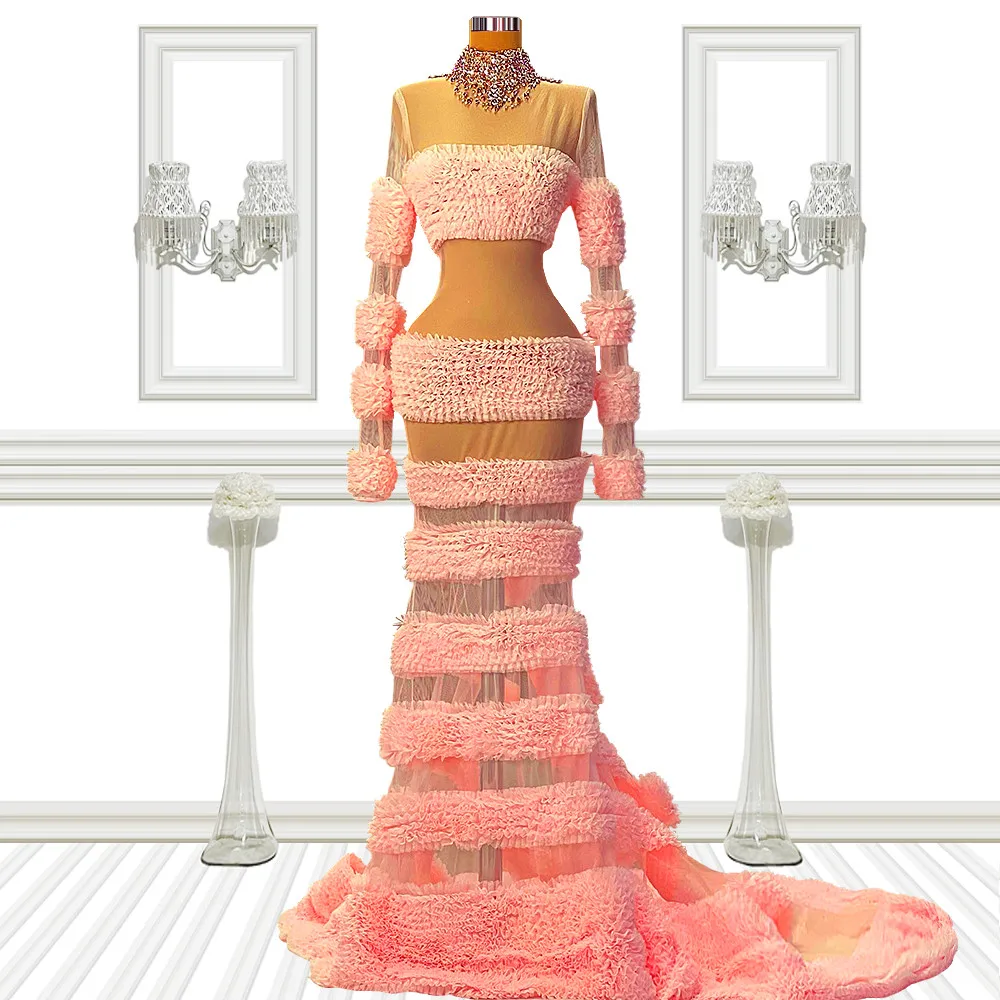 

Pink Long Sleeves Evening Dresses Dubai Kaftans Customize Luxury Long Celebrity Dress With Beads Crystals Party Dress Plus Size