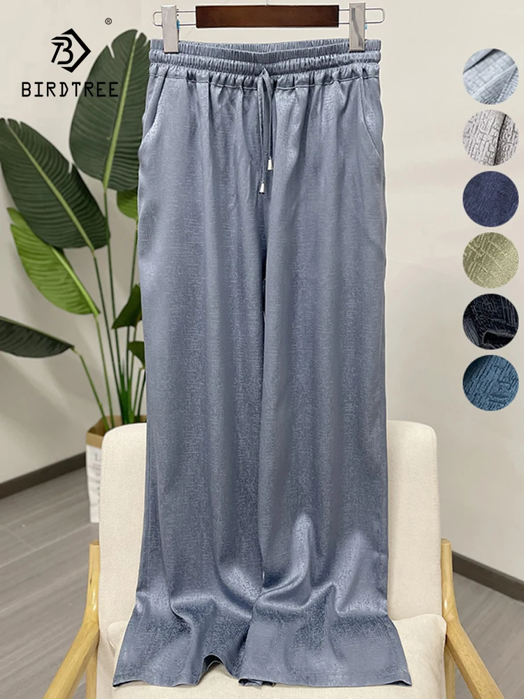 Birdtree 93%Silk 7%Spandex Pant Women's Elastic Drawstring Jacquard Wide Leg Pocket Casual Pants Spring/Summer New 2023 B37321QC