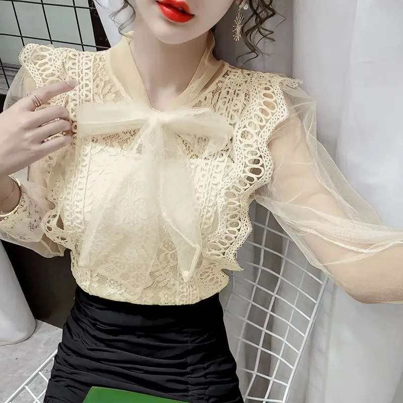 Женская блузка на шнуровке кружевная рубашка с вырезами Женский Топ длинным