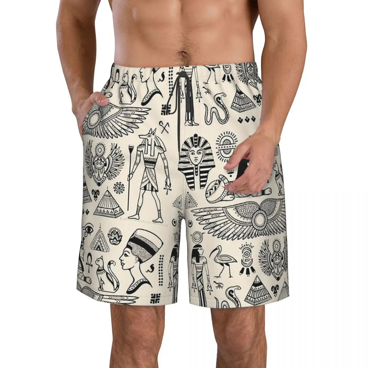 

Illustrations Men's Beach Shorts Pocket Ancient Egypt Egyptian Africa Swimsuit Mesh Lining Men Beachwear Surfing Boardshorts