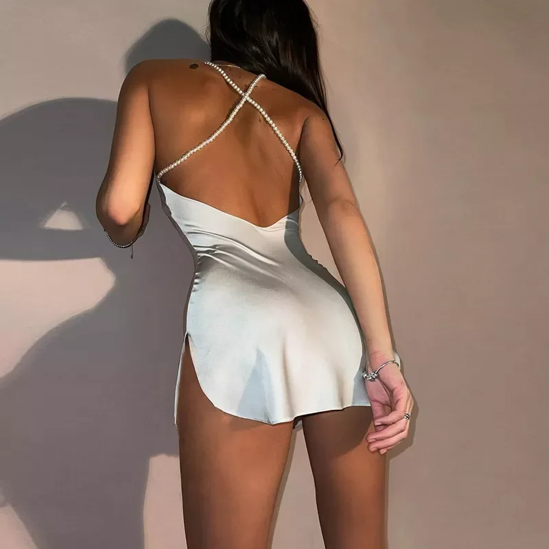 

Silk Strap Mini Dresses Backless Solid Color Criss Front Pearl Sexy Summer Sexy Party Sleeveless Dresses Clubwear 2021|Dresses