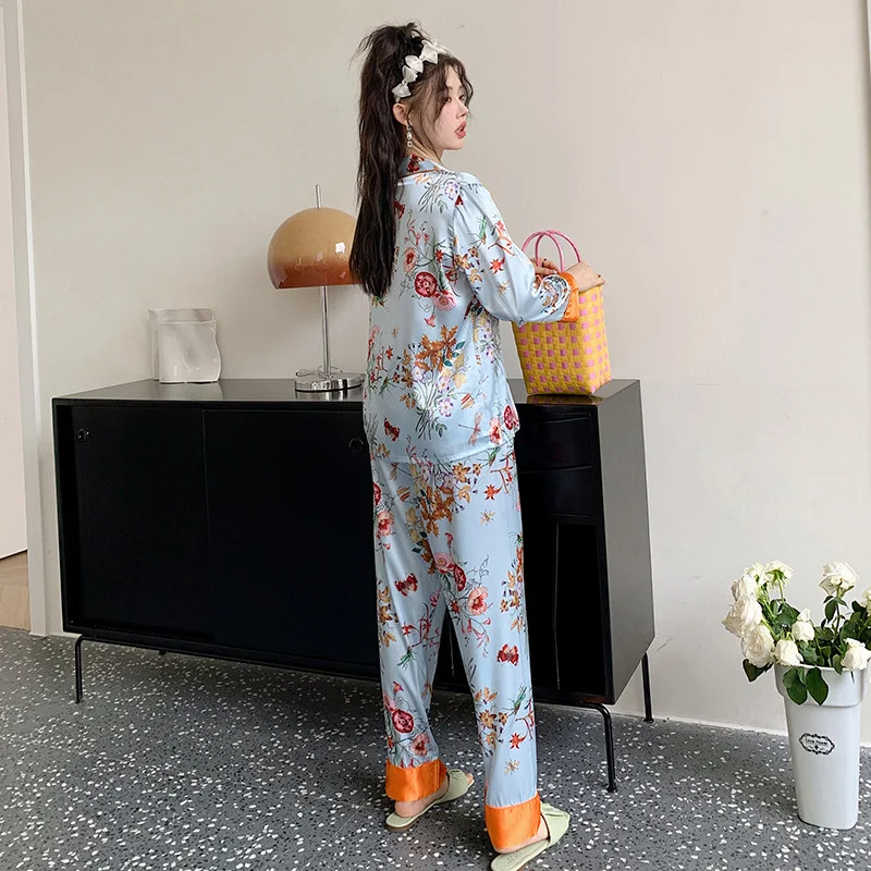 Silk Like Pajamas Set Women Autumn Sleepwear Floral Print Luxury Plaid Print Pijamas Female Set 2 Pieces Pyjamas Loungewear