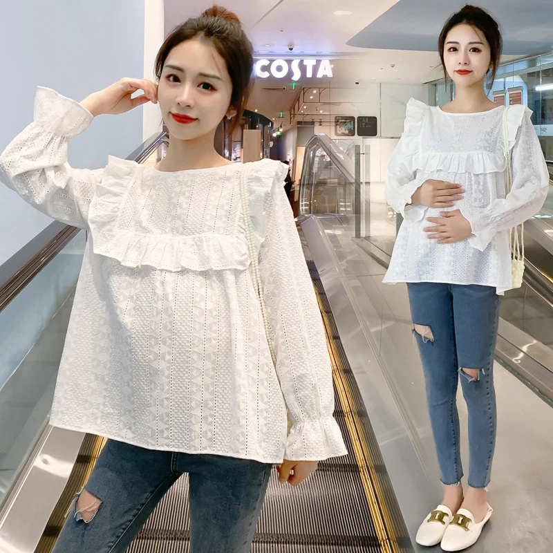 

9580 2022 Spring Korean Fashion White Cotton Maternity Blouse Chic Ins Sweet Lovely Tunic Clothes for Pregnant Women Ruffle Tops