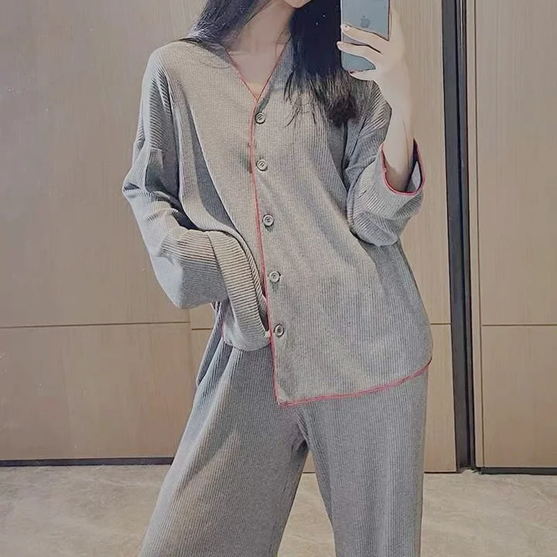 QWEEK Women's Pajamas Korean Set Outfit Solid Color Red Edge Banding Trouser Suits Spring Autumn Sleepwear Pyjamas Pijamas Cute
