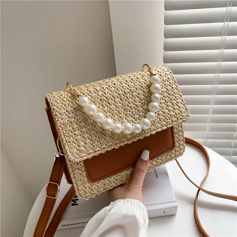 

Crossbody Bag Women Designer Shoulder Bag Female Handbag Purse Straw Beaded Fashion 2021 New PU Leather Simple Contrast Color