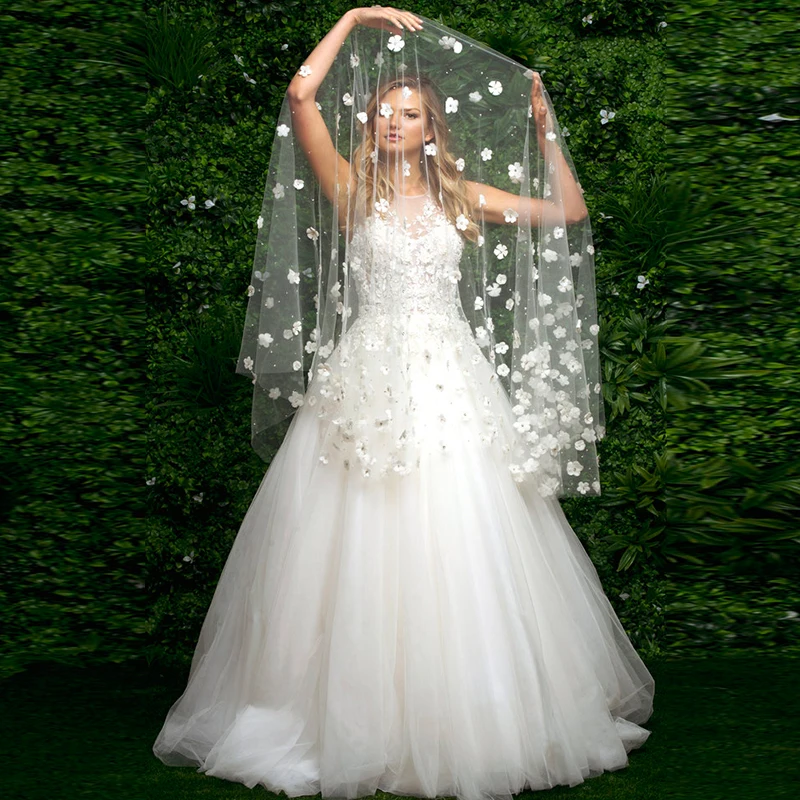 

Свадебная фата с 3D цветами, фата ручной работы для невесты, без гребня, с обрезанными краями, длина кончика пальца