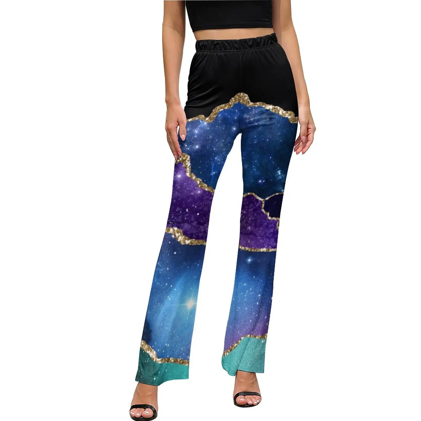 

Gold Glitter Marble Casual Pants Women Purple Teal Print Slim Fit Street Style Flared Pants Daily Sexy Print Trousers