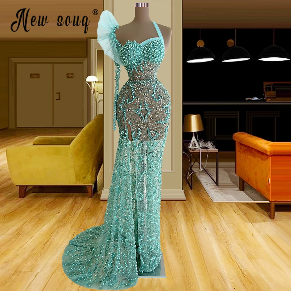 

Mint Green Beaded Evening Dresses For 2022 New Party Dress Luxury Long Mermaid Robes Arabic Vestidos De Noche Prom Gowns