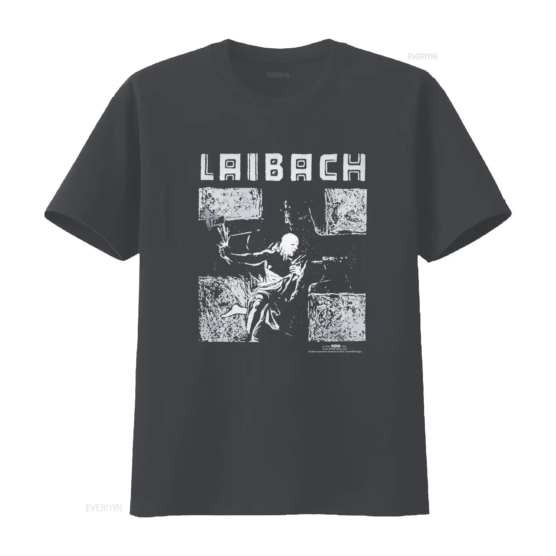 Фото Винтажная футболка LAIBACH RIBACH с принтом спереди, круглым вырезом и коротким рукавом, черная, б/у, винтажная, с эффектом потертости, удобная, мягкая, стильная №4