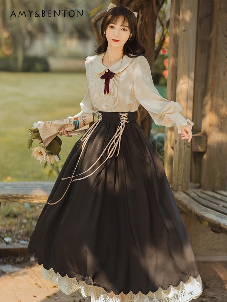 Комплекты юбок принцессы во французском стиле ретро милая рубашка с длинными