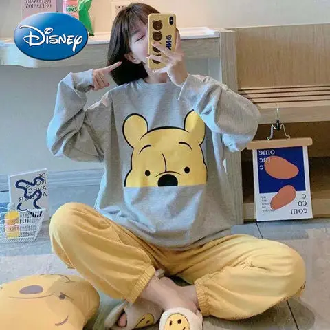 Disney Winnie The Pooh Stitch-pijama holgado informal, pantalones a cuadros de dibujos animados, conjunto de ropa para el hogar de manga larga