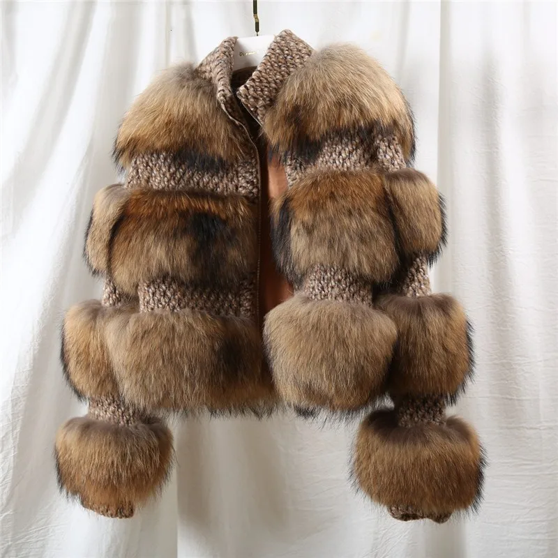 Women Real Fur Thicken Winter Coat Warm Whole Skin Raccoon Fur Coat Patchwork Wool Short Jacket Winter