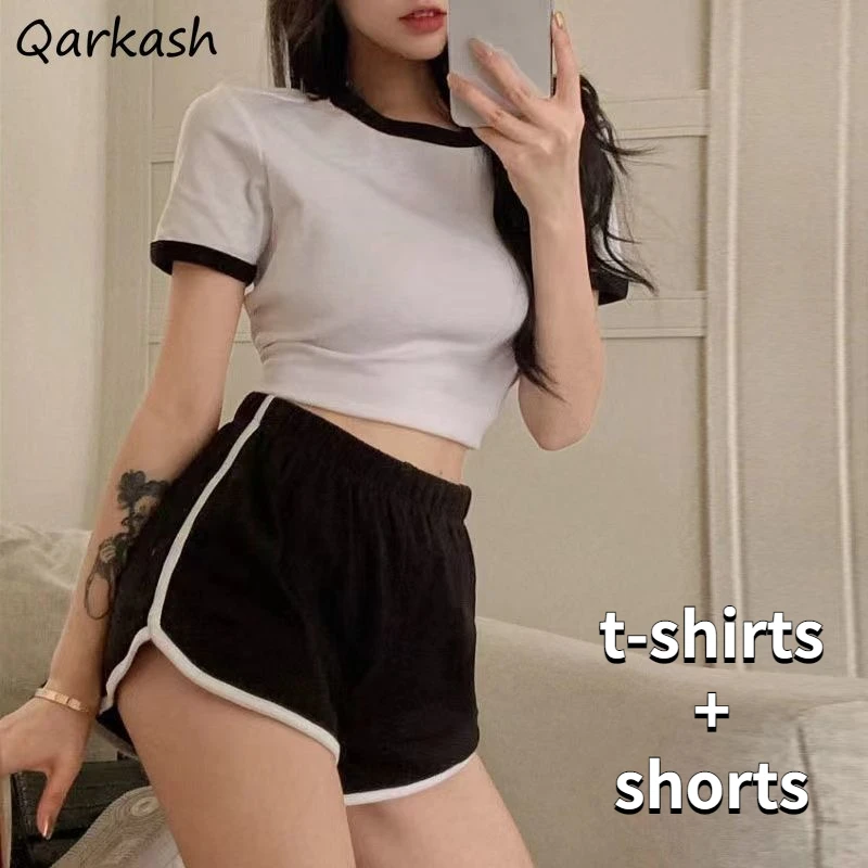 

Women Sets Crop T-shirts Shorts Casual Sporty Home Soft Summer Cool Fashion Ulzzang Design All-match College Young Female Kawaii