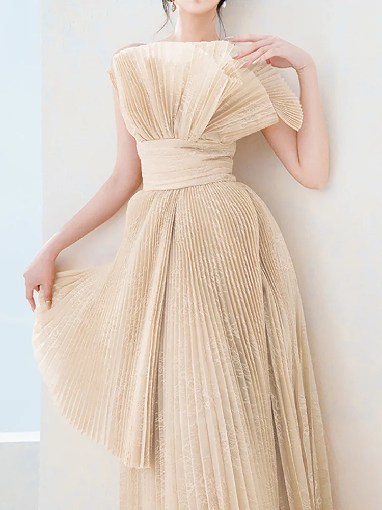 DEAT модное женское вечернее платье без бретелек на талии плиссированные рукавов