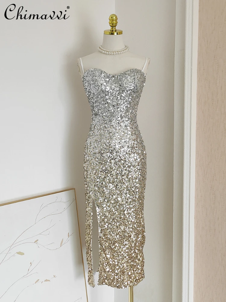 

French Socialite Heavy Industry Gradient Color Sequin Sling Slim Fit Slit Dress 2023 Spring Summer Long Dresses for Women