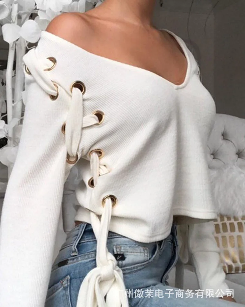 

Women's Short Shirts Spring 2022 New V Neck Long Sleeve Corny Rope Tops