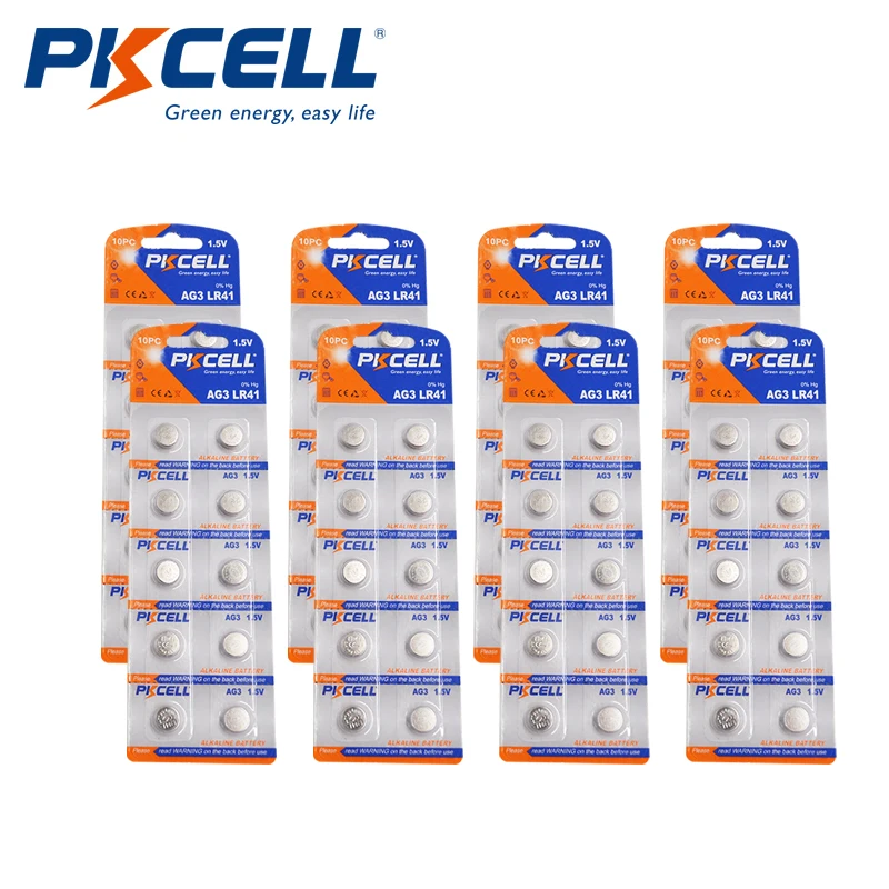 

80Pcs/8card PKCELL AG3 1.5V 30mAh Button Batteries LR41 AG3 watch battery SR41W 392 192 192A LR736 for Watches Toy LED