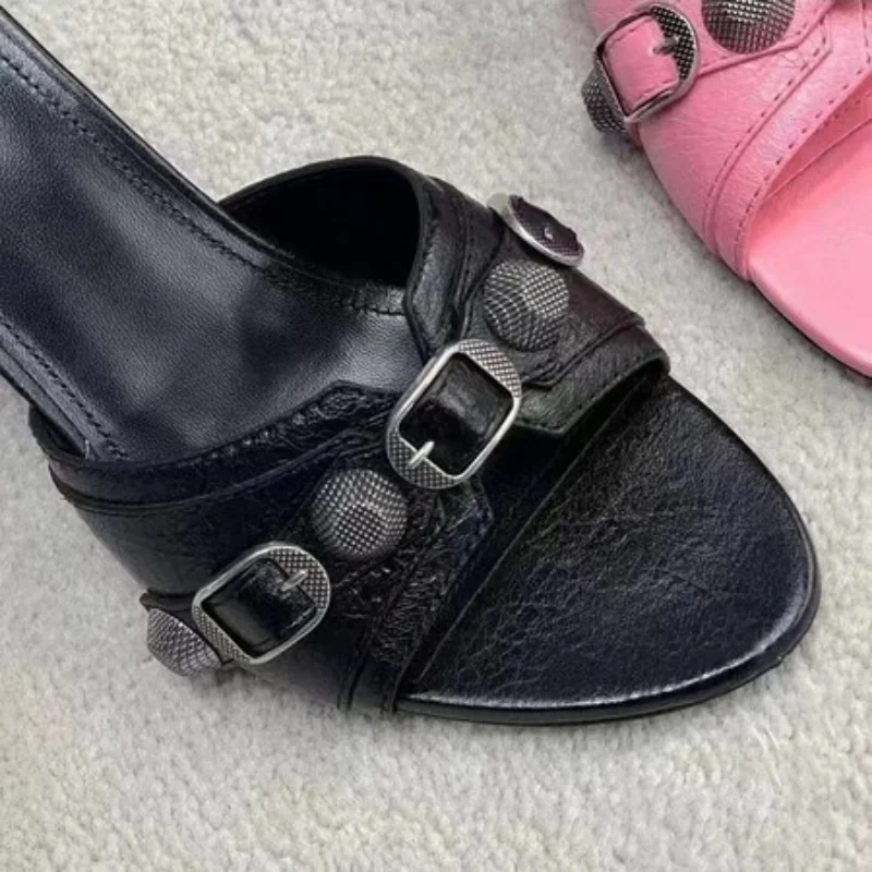 2023 New Slim High Heels One Step Women's Genuine Leather Sandals Slippers Belt Buckle Metal Decoration Spring/Summer Sandals