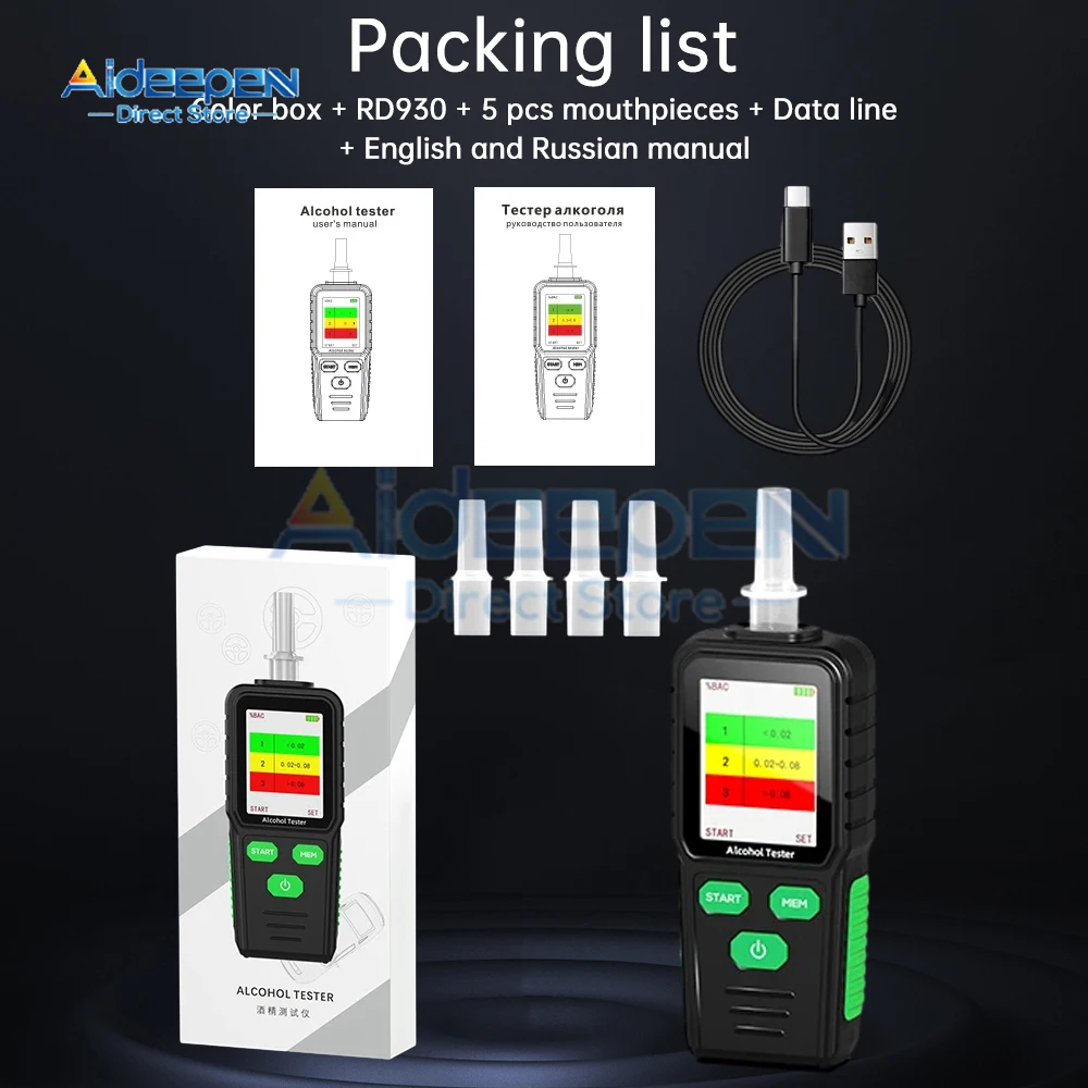 RD930 Type-C цифровой тестер алкоголя в выдыхаемом воздухе автомобильный алкотестер