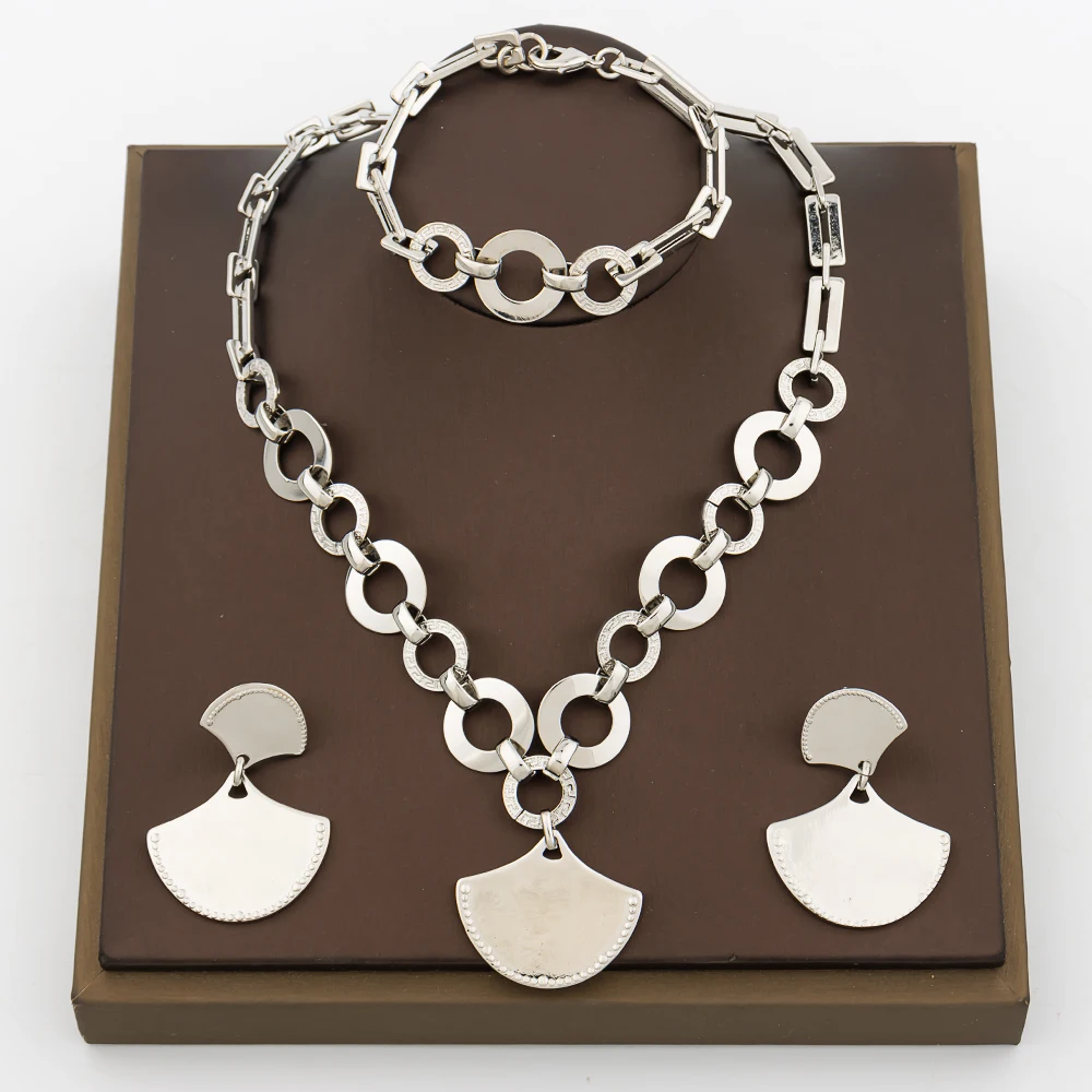 

Silver Color Jewelry Set for Women Punk Chain Necklace and Drop Earrings Bangle Ring Set Jewelry for Bride Brazilian Accessory