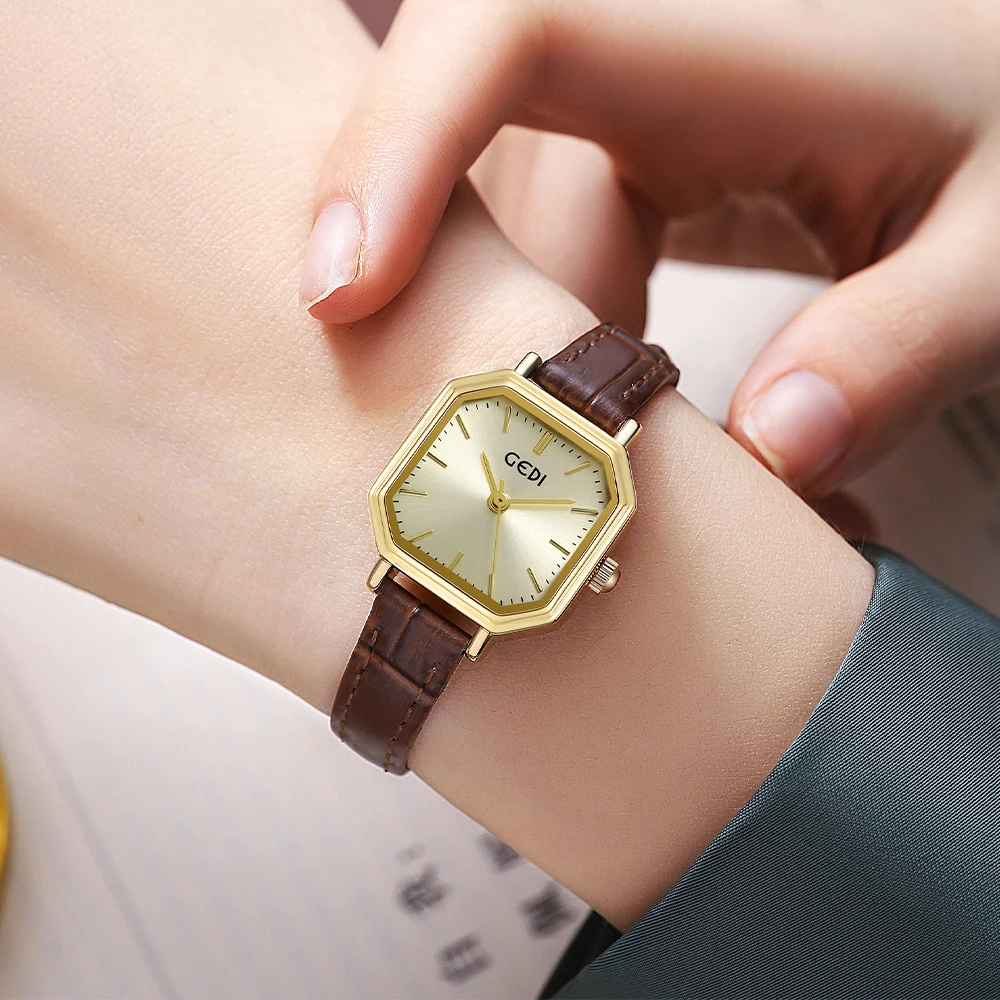 GEDI Classic Fashion Women Square Watches Luxury Brand Waterproof Ladies Quartz Wrist Watch Leather Strap Rose Gold Female Clock
