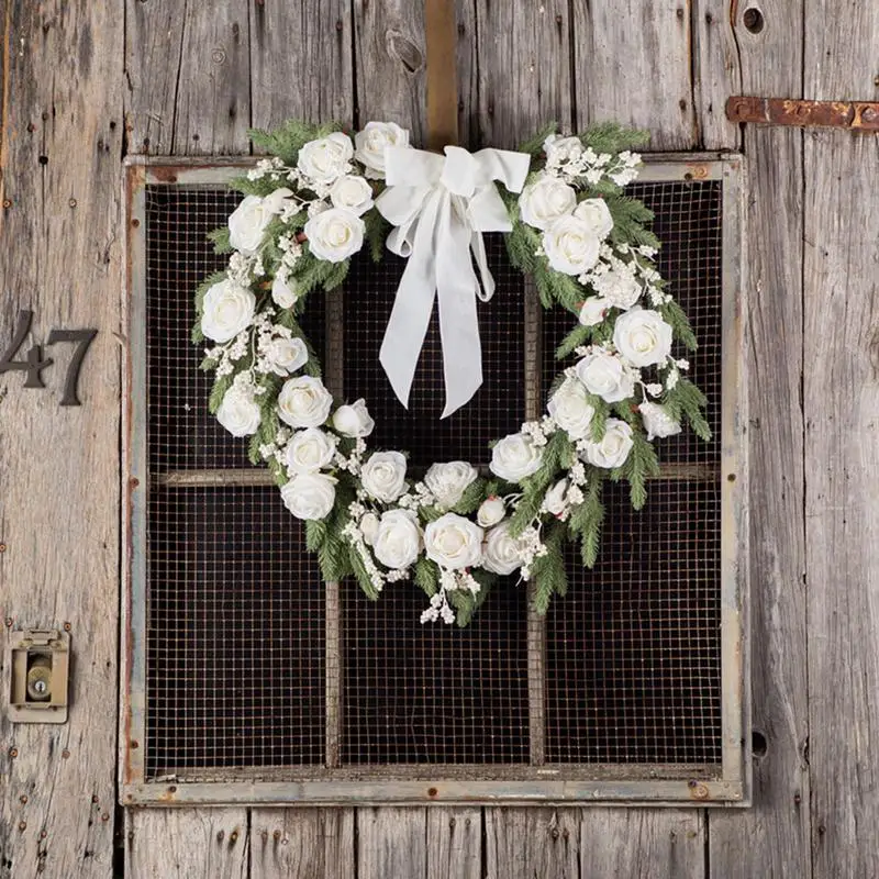 

White Rose Wreath Artificial Winter Wreath Front Door Decor Decorative Wreaths With Berries & Pine Needles For Christmas