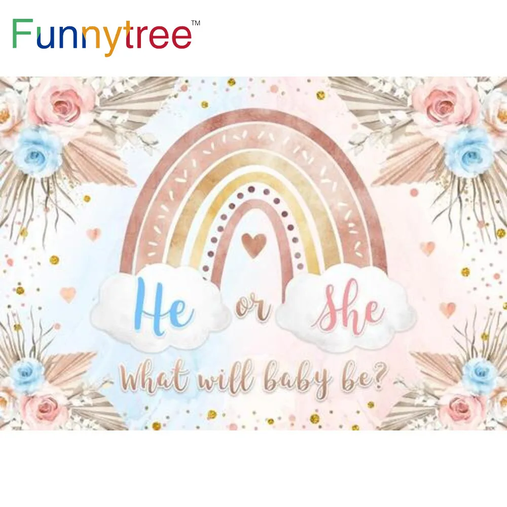 

Funnytree Boho Theme Gender Reveal Background Радужный богемный цветочный фон He or She Baby Shower украшения Photozone Background