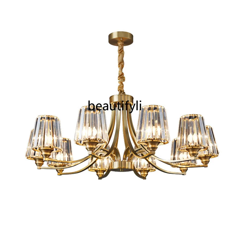 

HJ American Light Luxury Living Room Chandelier Classic Splendid Crystal Dining Room Copper Lamp