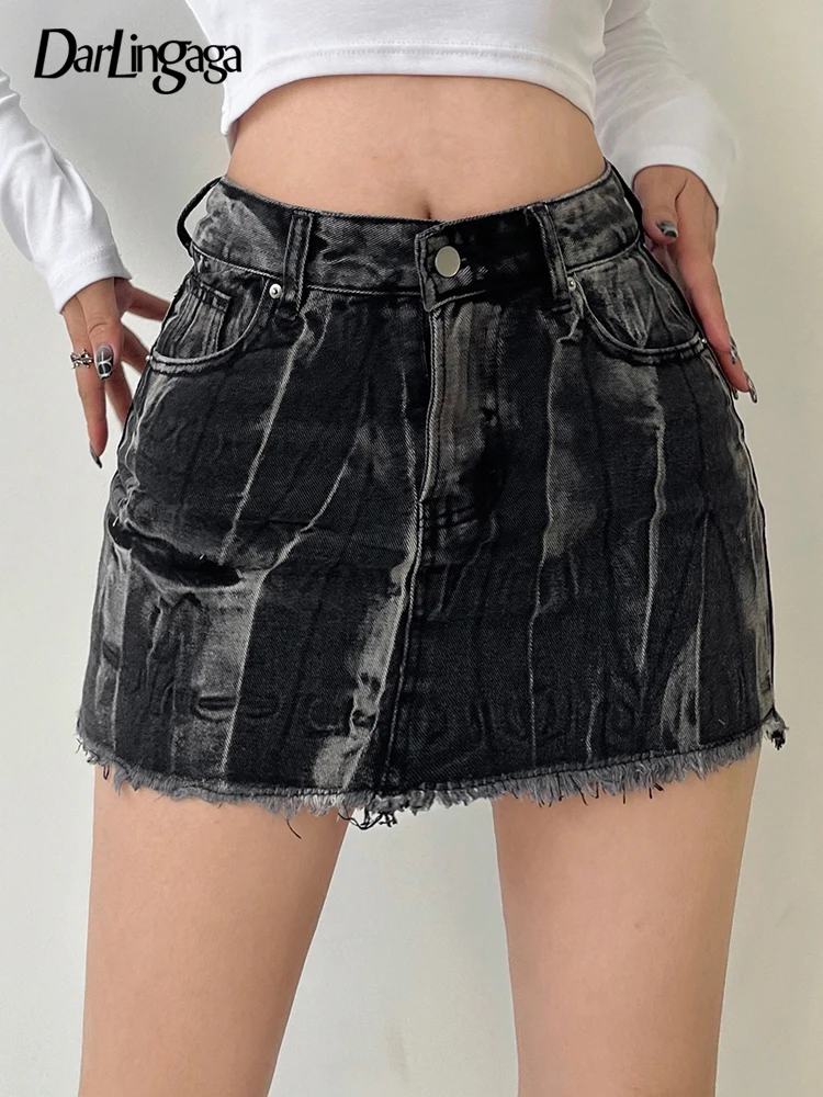

Darlingaga Vintage Tie Dye Y2K Bodycon High Waist Denim Skirt Women Grunge Tassel Harajuku Miini Skirts Distressed Short Outfits