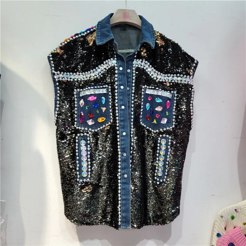 

Женский джинсовый жилет с блестками, повседневный жилет свободного покроя без рукавов со стразами, зима 2022