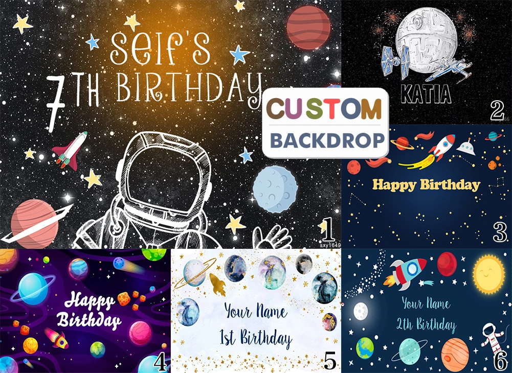 

Universe Space Planet Spacecraft Astronaut Vinyl Backdrop Baby Birthday Party Starry Sky Photography Background Banner