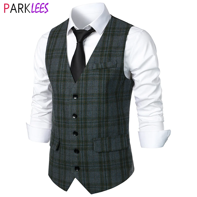 

Мужская клетчатая жилетка в английском стиле, приталенный однобортный жилет для мужчин, деловая классическая ретро-майка Chaleco Hombre