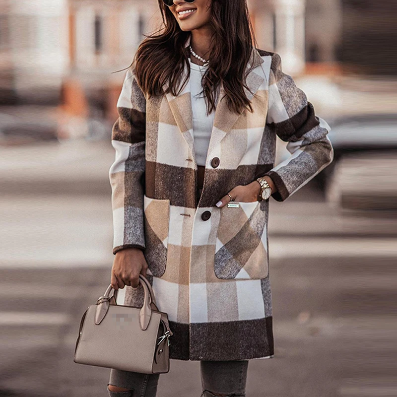 

Fashion Plaid Printed Loose Woolen Jackets Women Elegant Lapel Single Breasted Straight Coats 2022 Casual Long Sleeve Outerwear