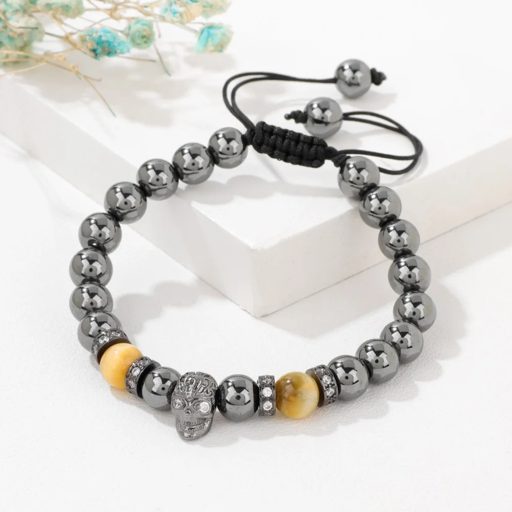 Крутой браслет с подвесками в виде черепа мужской из гематита и камня плетеный