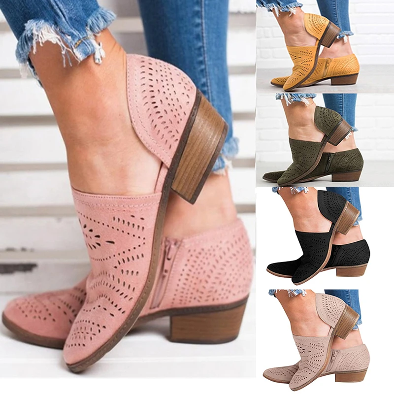 

Fretwork Shoes Women Spring Autumn Low Chunky Heel Pointed Toe Side Zip Pumps Short Ankle Sandals Hollow Out Retro Shoes 2022