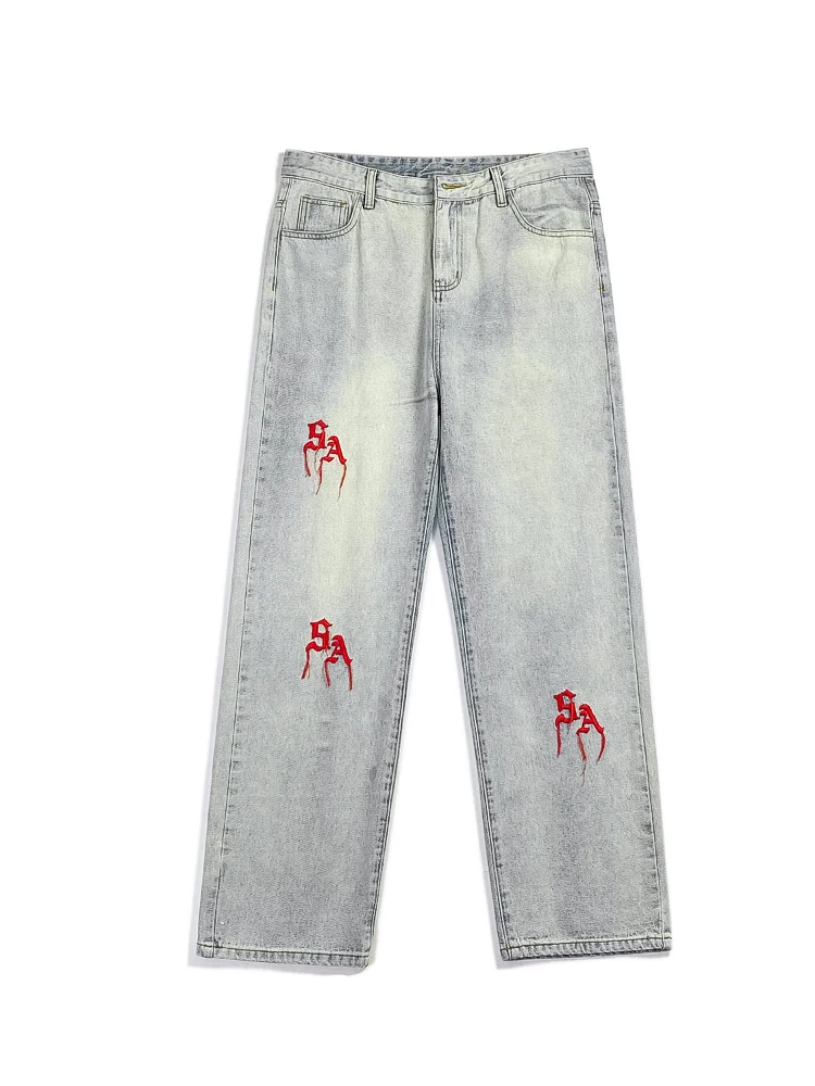 Embroidery Style Y2k Men's Jeans Straight Spoken Fashion Casual Long Pants Hip -hop Boyfriend Wind Jeans Street Clothing Denim