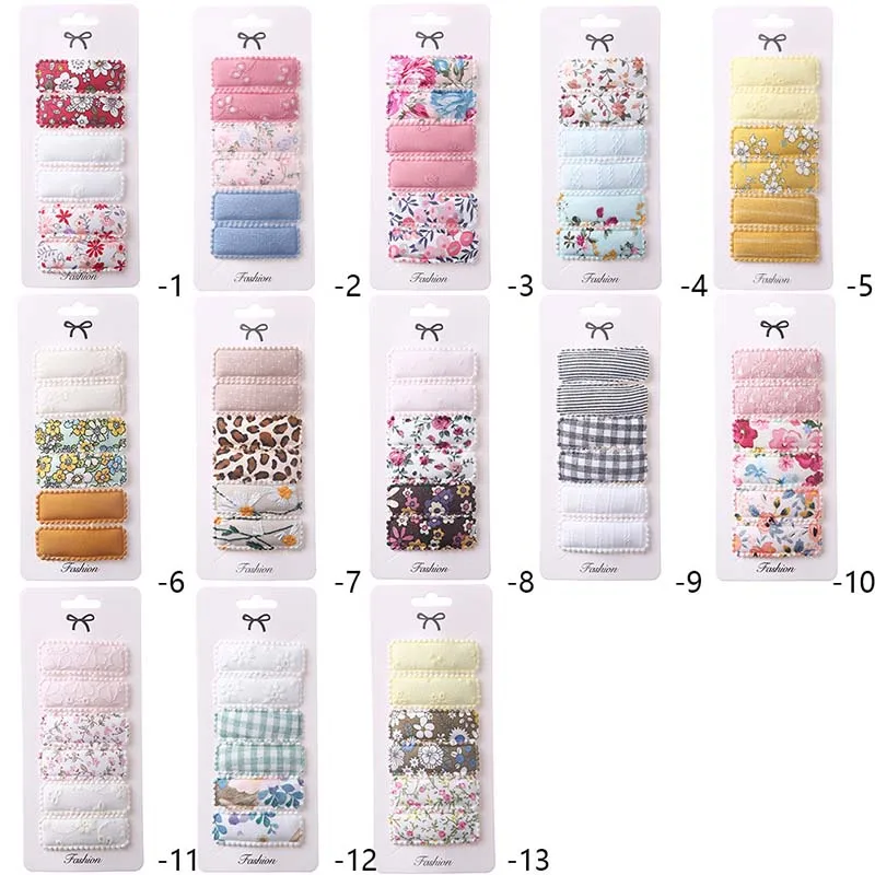 6Pcs/Set Flower Print Snap Hair Clips Fabric Barrettes Square For Baby Girl Infant Embroidery Plain Striped Hairbow Hairpins NEW images - 6