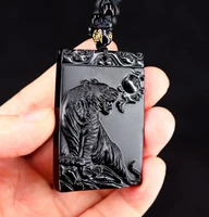 natural black obsidian tiger pendant chinese zodiac necklace fashion charm jewellery carved pixiu amulet gifts for women men