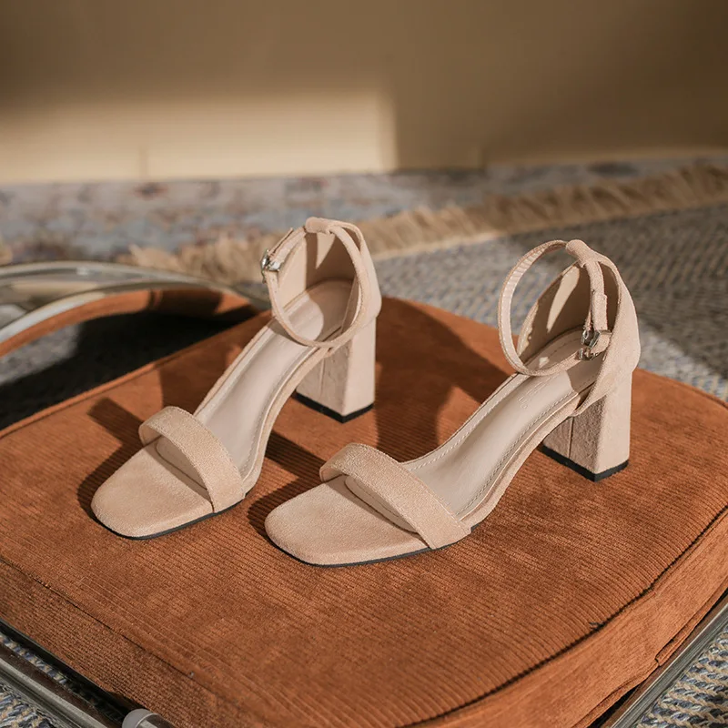 

Sexy Ankle Strap Sandals Women Party Shallow Flock 7CM Square heel Buckle Strap Ankle Strap Onecharacter stripDress Womens Shoes