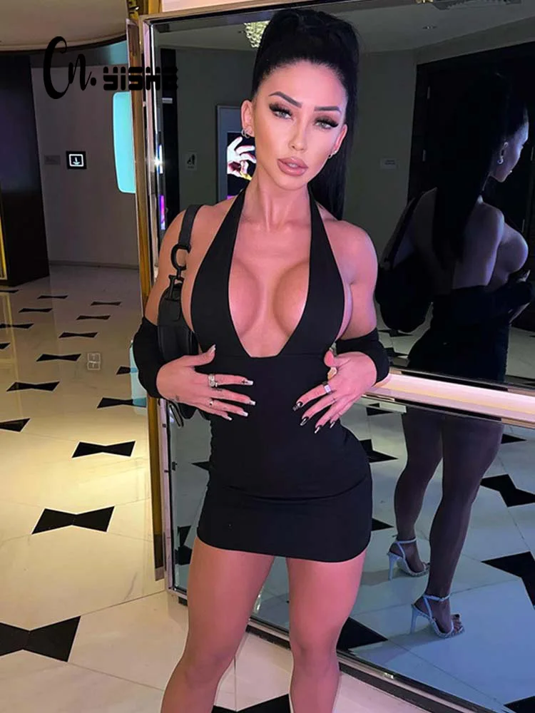 

CNYISHE Midnight Clubwear Sexy Halter with Gloves Dress Woman Dresses Summer Bodycon Sheath Wrap Hip Mini Dress Female Backless