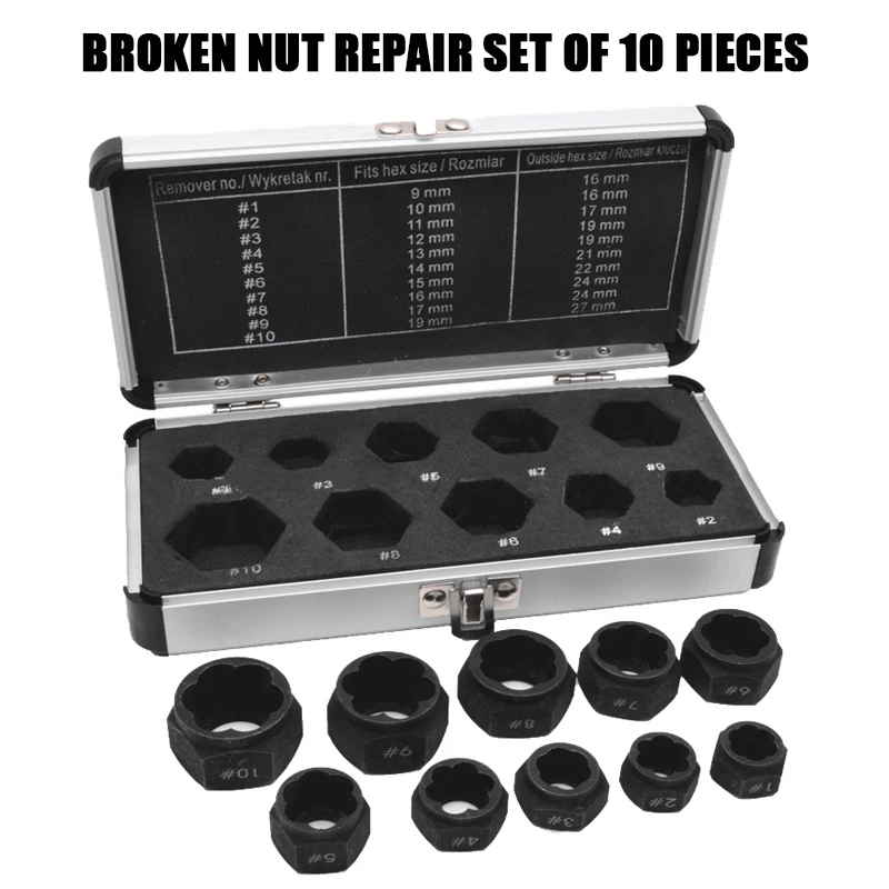 

10Pcs 9-19mm Damaged Nut Bolt Remover Kit Broken Wire Extractor Screw Broken Bolt Screw Remover Hand Tools